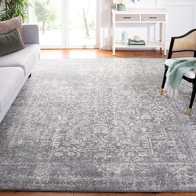 SAFAVIEH Evoke Collection Area Rug - 9' Square, Silver & Ivory, Distressed Design, Non-Shedding & Easy to Clean, Ideal for Living Room, Bedroom, Dining Space (EVK256S)
