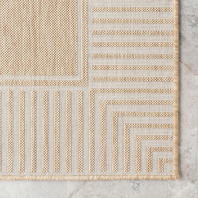 nuLOOM 6' 7" x 9' Outdoor/Indoor Asha Area Rug, Tan, Casual Design with Striped Border, Stain Resistant, Highly Durable, for Patio, Balcony, Bedroom, Living Room, Dining Room, Bathroom
