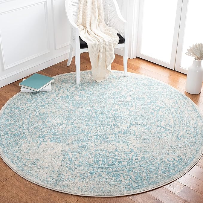 SAFAVIEH Evoke Collection Area Rug - 6'7" Round, Ivory & Aqua, Distressed Design, Non-Shedding & Easy to Clean, Ideal for Living Room, Bedroom, Dining Space (EVK256J)