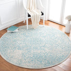 SAFAVIEH Evoke Collection Area Rug - 3' Round, Ivory & Aqua, Distressed Design, Non-Shedding & Easy to Clean, Ideal for Foyer, Bedroom, Accent Space (EVK256J)