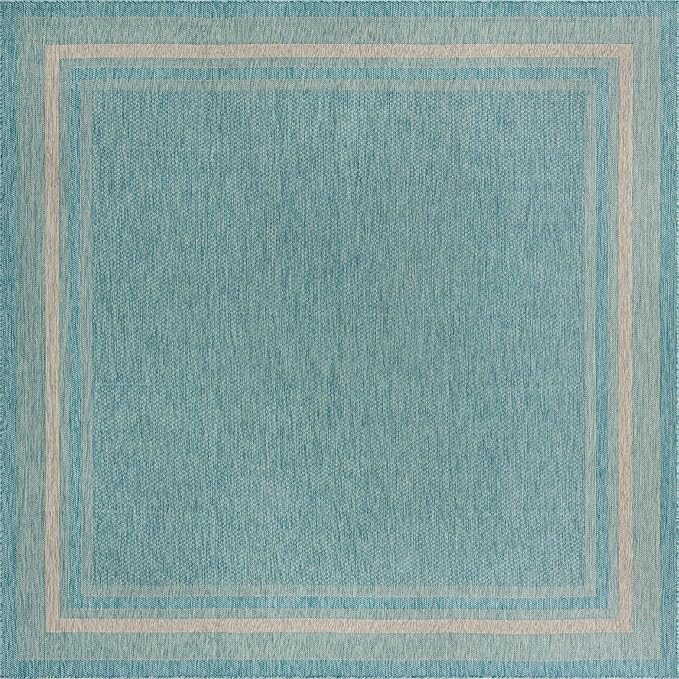 Unique Loom Outdoor Border Collection Area Rug - Soft Border (10' 8" Square, Aquamarine/ Ivory)