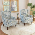 Lumibee Wingback Accent Chair, 2 Set High Back Floral Armchairs in Fabric,Comfy Upholstered Reading Single Sofa Chairs with Solid Wood Legs for Living Room,Bedroom,Office-Plants Blue