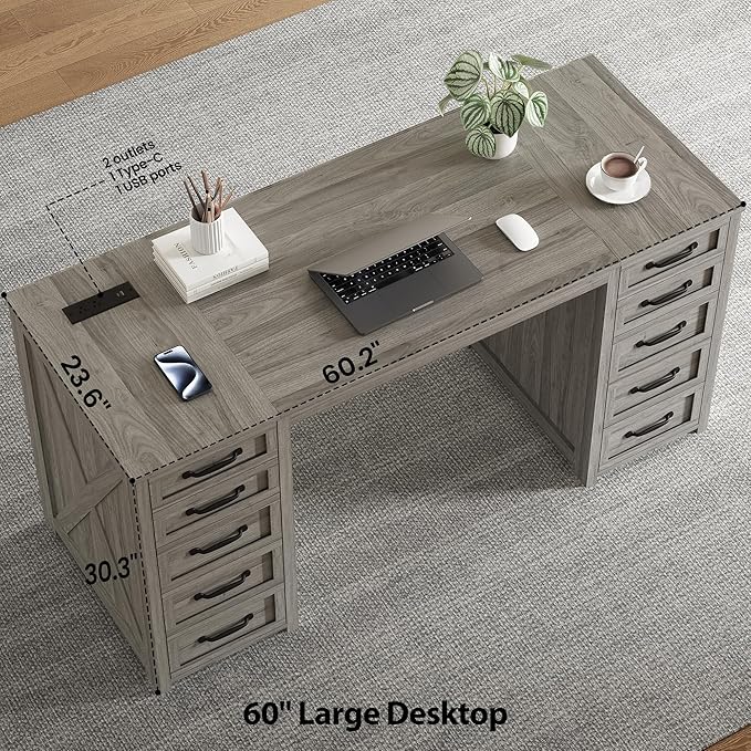 WOPITUES 60" Farmhouse Home Office Desk with 10 Wooden Drawers, Rustic Computer Writing Desk with Power Outlets, Large Executive Desk with Storage Cabinet for Work Study Writing Craft, Wood Grain Gray