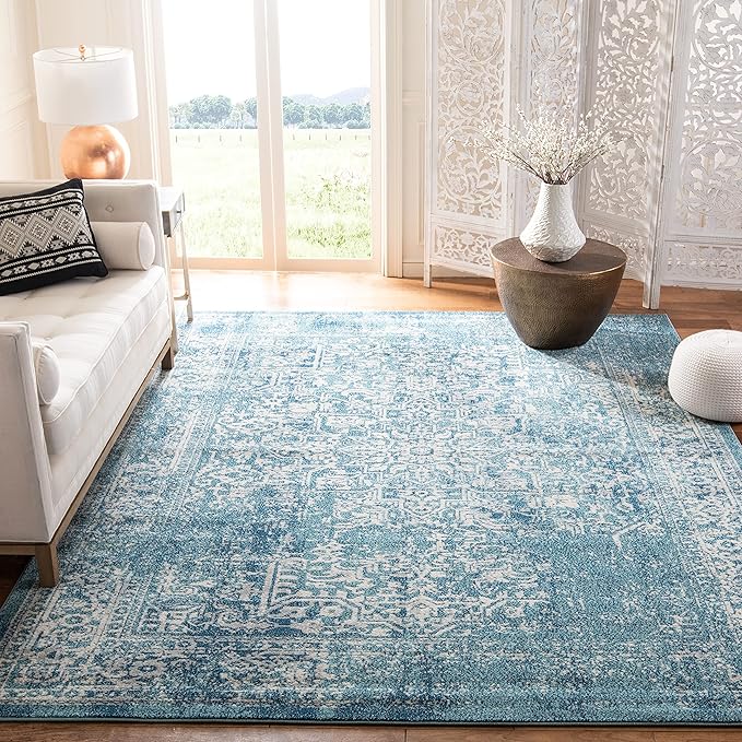 SAFAVIEH Area Rug 10x14 - Evoke Collection - Large - Blue & Ivory, Distressed Design, Non-Shedding & Easy to Clean, Ideal for Living Room, Bedroom, Dining Space (EVK256C)