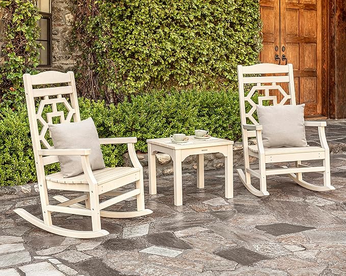 Martha Stewart by POLYWOOD Chinoiserie Outdoor Rocking Chair, Black, Durable HDPE All-Weather Patio Furniture with Decorative Lattice, Classic Porch Rocker for Deck, Garden & Backyard, Made in the USA