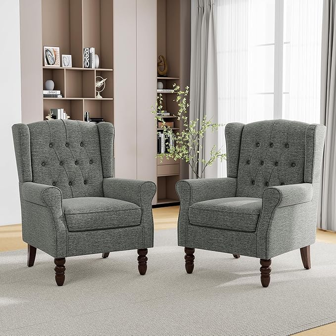 Pia Ricco Mid-Century Modern 2-Piece Wingback Chair Set - Plush Upholstered Accent Chairs with Solid Wood Legs, High Back Lounge Seating for Living Room, Bedroom & Office - Retro Matched Pair (Gray)
