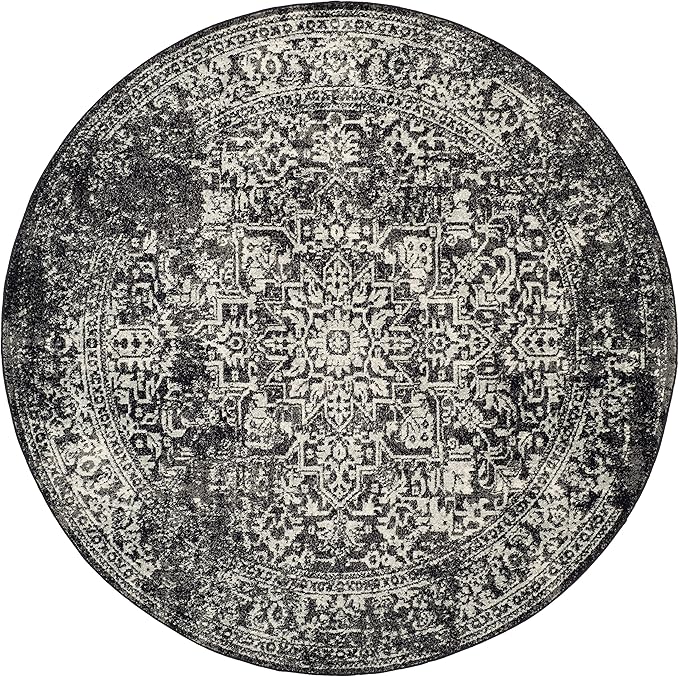 SAFAVIEH Evoke Collection Area Rug - 5'3" Round, Black & Grey, Distressed Design, Non-Shedding & Easy to Clean, Ideal for Living Room, Bedroom, Dining Space (EVK256R)
