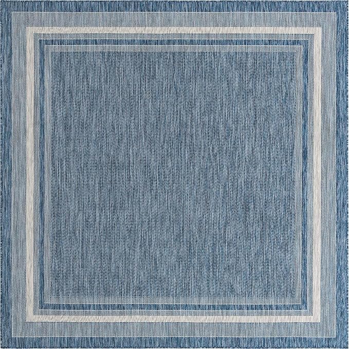 Unique Loom Outdoor Border Collection Area Rug - Soft Border (7' 10" Square, Blue/ Ivory)