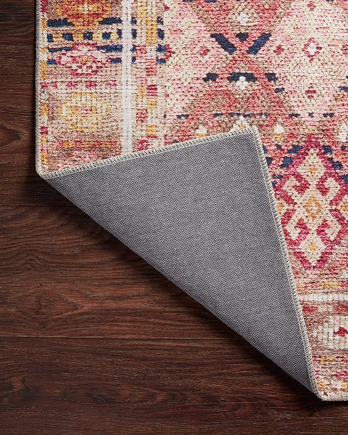 Loloi Layla Collection LAY-15 Magenta/Multi 2'-6" x 7'-6" .13" Thick Runner Rug, Soft, Durable, Vintage Inspired, Distressed, Low Pile, Non-Shedding, Easy Clean, Printed, Living Room Rug