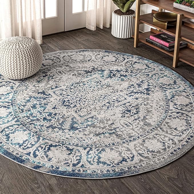 JONATHAN Y Modern Vintage Medallion Navy/Light Gray 8' Round Indoor Area Rug, Country, Floral, Easy-Cleaning for Living Room, Bedroom, Kitchen, Pet Friendly, Non-Shedding (MDP100B-8R)