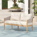 Christopher Knight Home Katarina Patio Acacia Wood Loveseat Furniture, Outdoor Loveseat Sofa with Comfy Fabric Cushions, 2-Seater Sofa with Handwoven Rope Backrest for Garden, Light Brown+Beige