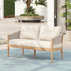 Christopher Knight Home Katarina Patio Acacia Wood Loveseat Furniture, Outdoor Loveseat Sofa with Comfy Fabric Cushions, 2-Seater Sofa with Handwoven Rope Backrest for Garden, Light Brown+Beige