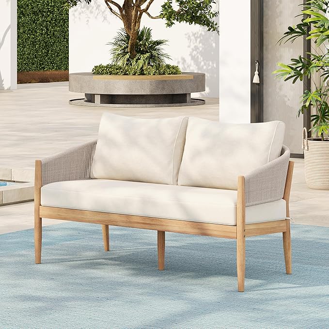 Christopher Knight Home Katarina Patio Acacia Wood Loveseat Furniture, Outdoor Loveseat Sofa with Comfy Fabric Cushions, 2-Seater Sofa with Handwoven Rope Backrest for Garden, Light Brown+Beige