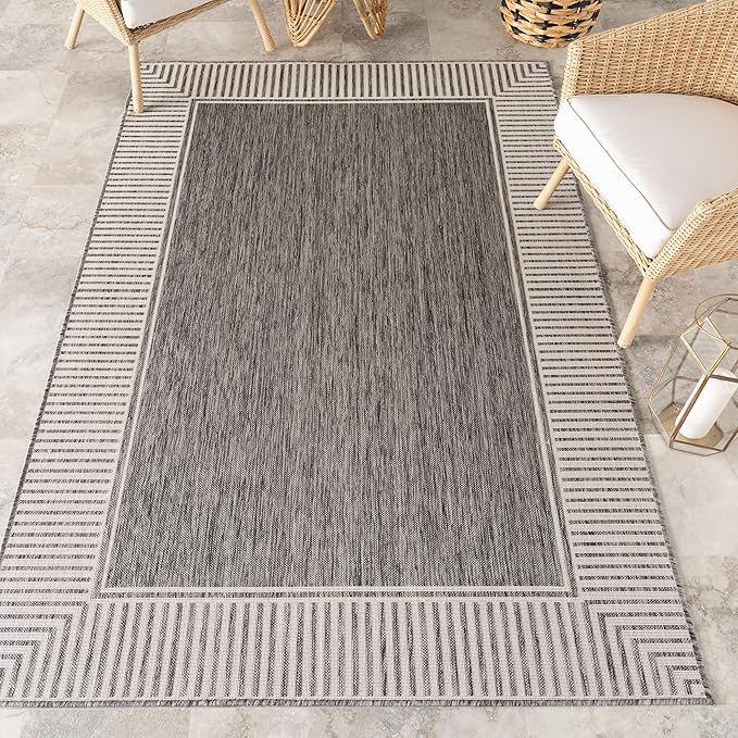 nuLOOM 4' x 6' Outdoor Area Rug, Casual Design with Striped Border, Stain Resistant, Highly Durable, for Patio, Balcony, Bedroom, Living Room, Dining Room, Bathroom, Steel