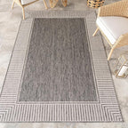 nuLOOM 4' x 6' Outdoor Area Rug, Casual Design with Striped Border, Stain Resistant, Highly Durable, for Patio, Balcony, Bedroom, Living Room, Dining Room, Bathroom, Steel