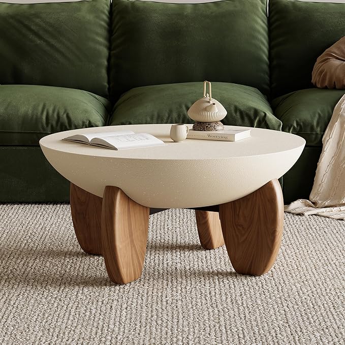 homary Round Concrete Coffee Table with Premium Walnut Ash Wood Legs, Modern Minimalist Cement Finish Center Table for Living Room