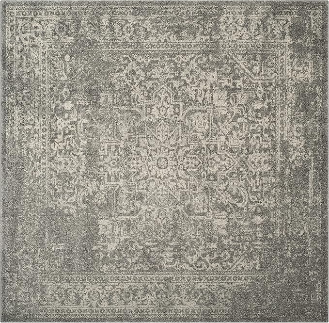 SAFAVIEH Evoke Collection Area Rug - 9' Square, Silver & Ivory, Distressed Design, Non-Shedding & Easy to Clean, Ideal for Living Room, Bedroom, Dining Space (EVK256S)