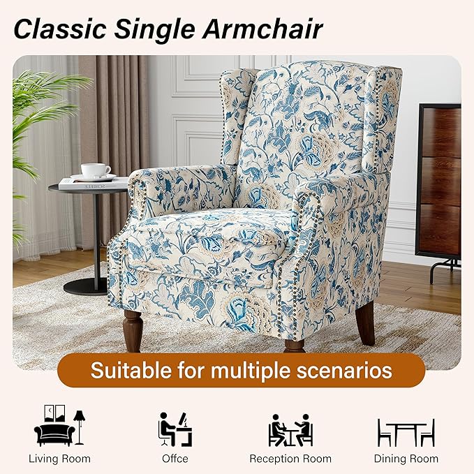 Floral Wingback Accent Chairs Set of 2, High Back Upholstered Armchair, Comfy Fabric Wingback Arms Chairs with Retro Solid Wood Legs, Single Sofa Reading Chair for Bedroom Living Room, Boho Blue