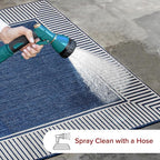 nuLOOM 7' Square Outdoor Area Rug, Casual Design with Striped Border, Stain Resistant, Highly Durable, for Patio, Balcony, Bedroom, Living Room, Dining Room, Bathroom, Navy