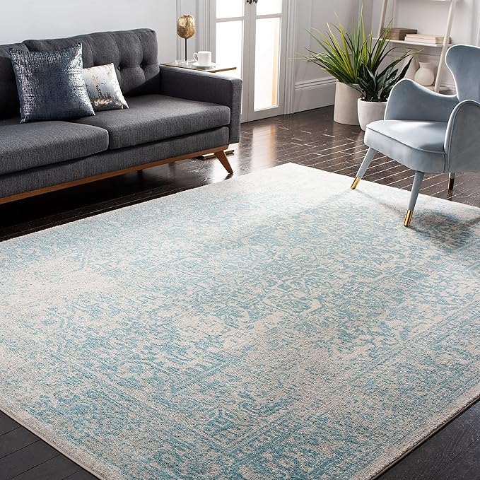 SAFAVIEH Evoke Collection Area Rug - 6'7" Square, Ivory & Aqua, Distressed Design, Non-Shedding & Easy to Clean, Ideal for Living Room, Bedroom, Dining Space (EVK256J)