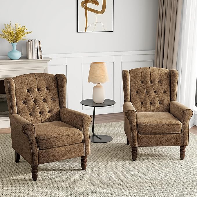 Mid-Century Modern 2-Piece Wingback Chair Set - Plush Upholstered Accent Chairs with Solid Wood Legs, High Back Lounge Seating for Living Room, Bedroom & Office - Retro Matched Pair (Creamy Brown)