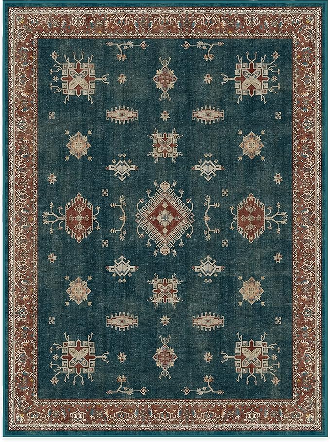 RUGGABLE Washable Vintage Area Rug – Verena Teal Blue 9x12, Stain-Resistant, Non-Slip – Large Machine Washable Rugs for Living Room, Bedroom, Hallway, Entryway & Office–with Standard Pad