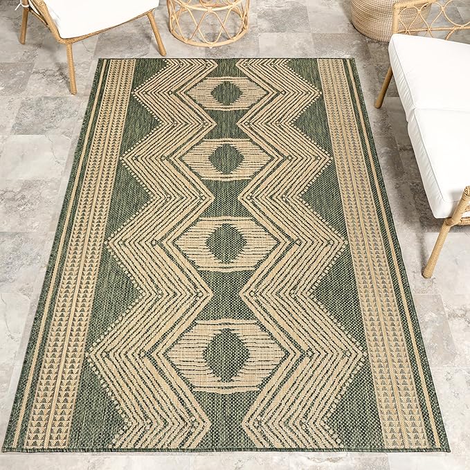 nuLOOM 8' x 10' Outdoor Tribal Geometric Area Rug, Stain Resistant, Weather Resistant, High Traffic, Patio, Balcony, Outside, Ranya Green