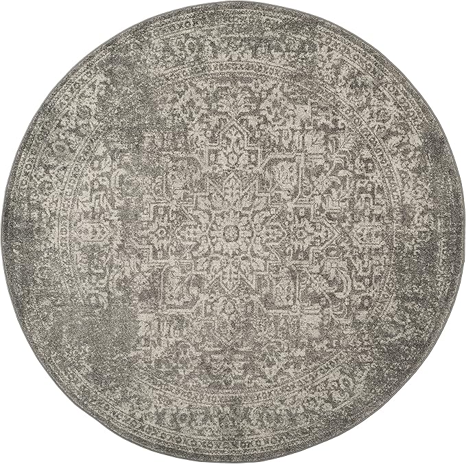 SAFAVIEH Evoke Collection 6'7" Round Silver / Ivory EVK256S Oriental Distressed Non-Shedding Dining Room Entryway Foyer Living Room Bedroom Area Rug