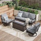 PHI VILLA Patio Furniture Set with 56" Fire Pit Table, Premium Outdoor Wicker Metal Frame Furniture with Upgraded Waterproof Thick Cushions for Porch, Poolside, Deck, and Yard （4 Pieces, Grey