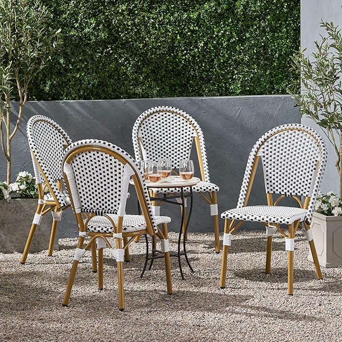 Christopher Knight Home Philomena Outdoor French Bistro Chair (Set of 4), Black + White + Bamboo Print Finish