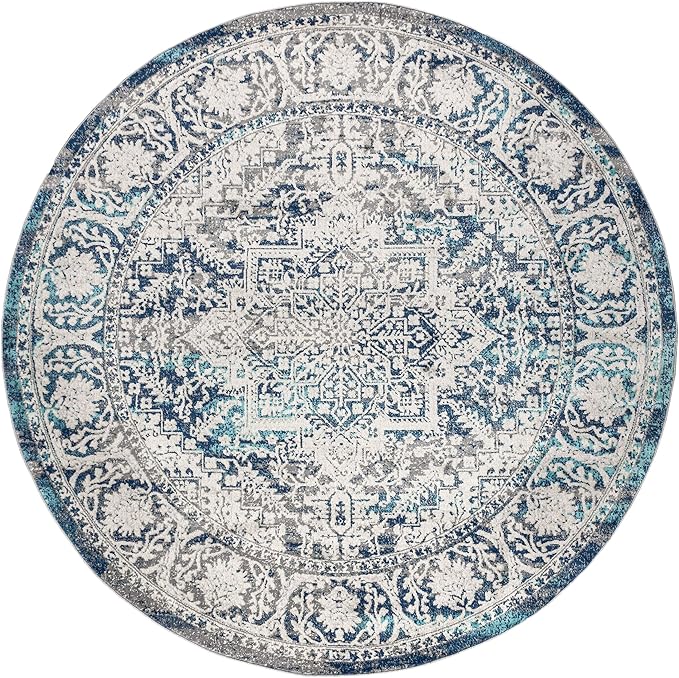 JONATHAN Y Modern Vintage Medallion Navy/Light Gray 8' Round Indoor Area Rug, Country, Floral, Easy-Cleaning for Living Room, Bedroom, Kitchen, Pet Friendly, Non-Shedding (MDP100B-8R)