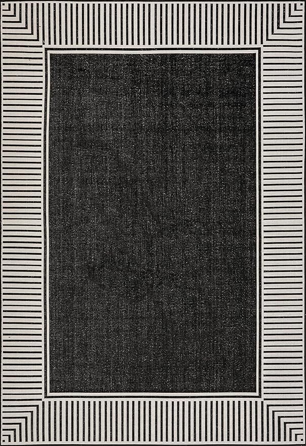 nuLOOM 4' x 6' Outdoor Area Rug, Casual Design With Striped Border, Stain Resistant, Highly Durable, For Patio, Balcony, Bedroom, Living Room, Dining Room, Bathroom, Black