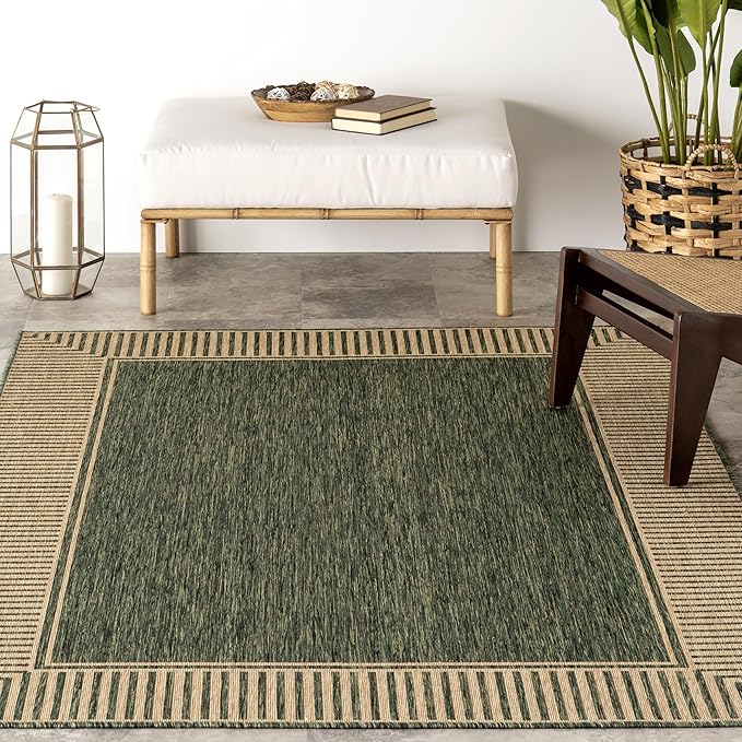 nuLOOM 4' x 6' Outdoor Area Rug, Casual Design with Striped Border, Stain Resistant, Highly Durable, for Patio, Balcony, Bedroom, Living Room, Dining Room, Bathroom, Dark Green