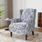 Wingback Accent Chair, High Back Upholstered Armchair, Printed Fabric Wingback Arms Chairs with Wood Legs, Single Sofa Reading Chair for Bedroom Living Room, Navy