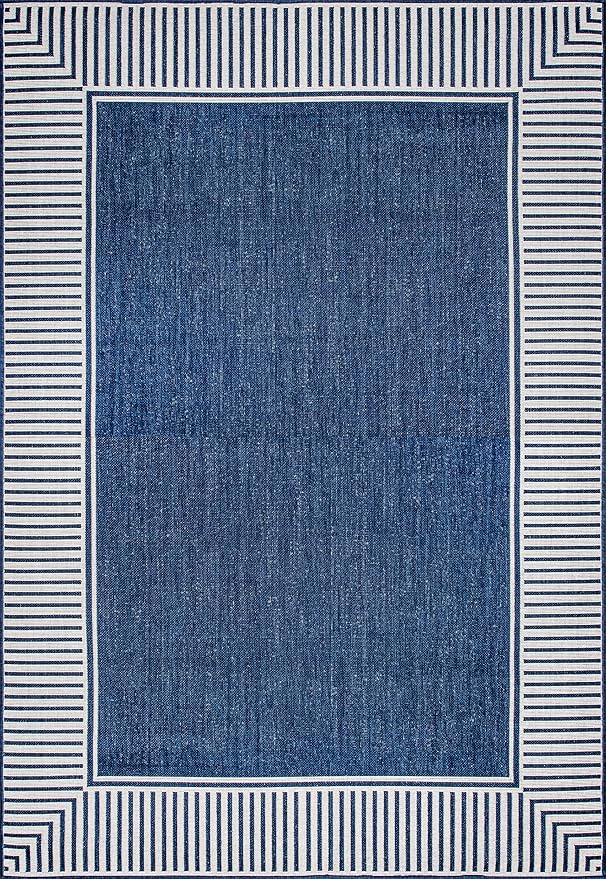 nuLOOM 2' x 3' Outdoor Area Rug, Casual Design With Striped Border, Stain Resistant, Highly Durable, For Patio, Balcony, Bedroom, Living Room, Dining Room, Bathroom, Navy
