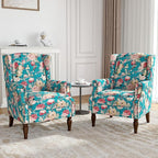 Wingback Accent Chairs Set of 2, High Back Upholstered Armchair, Floral Fabric Wingback Arms Chairs with Retro Solid Wood Legs, Single Sofa Reading Chair for Bedroom Living Room, Peacock Blue