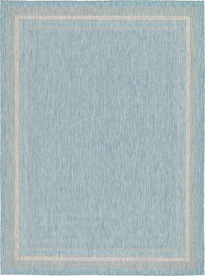 Unique Loom Outdoor Border Collection Area Rug - Soft Border (9'x 12' Rectangle, Aquamarine/ Ivory)
