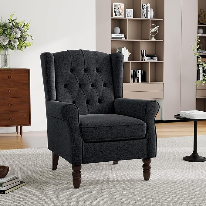 Mid-Century Modern 2-Piece Wingback Chair Set - Plush Upholstered Accent Chairs with Solid Wood Legs, High Back Lounge Seating for Living Room, Bedroom & Office - Retro Matched Pair (Bluish Black)