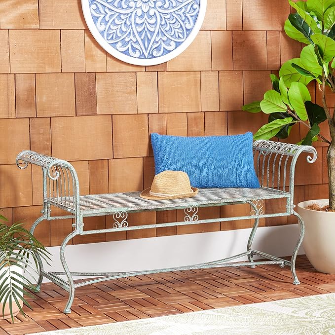 SAFAVIEH Outdoor Collection Brielle Victorian Scroll Antique Dark Green Wrought Iron Bench