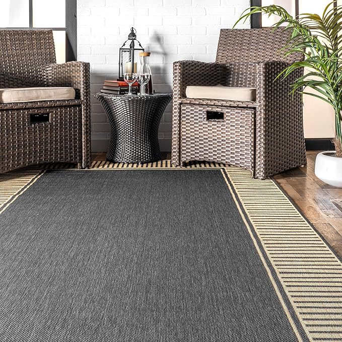 nuLOOM 10' x 13' Outdoor Area Rug, Casual Design with Striped Border, Stain Resistant, Highly Durable, for Patio, Balcony, Bedroom, Living Room, Dining Room, Bathroom, Dark Grey