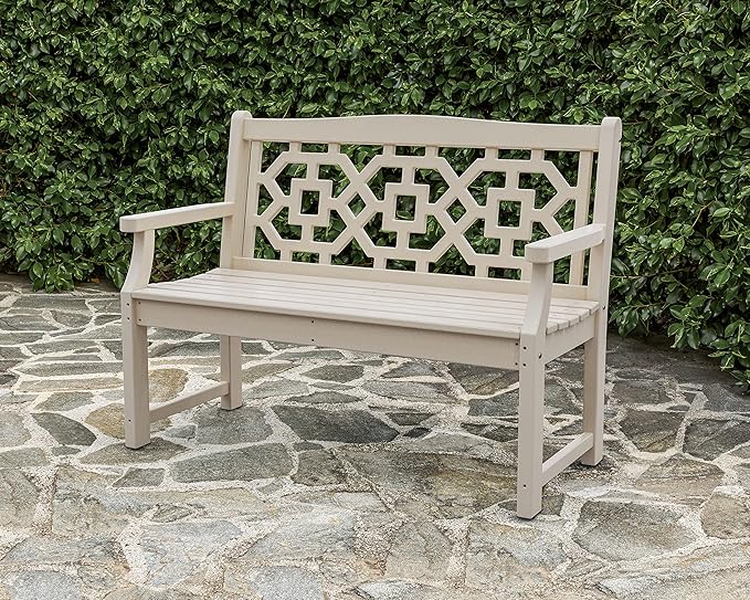 Martha Stewart by POLYWOOD Chinoiserie 48" Outdoor Bench for Patio, Porch & Backyard, Sand - Durable All-Weather HDPE Garden Seat with Back Support - Classic 2 Person Seating, Made in The USA