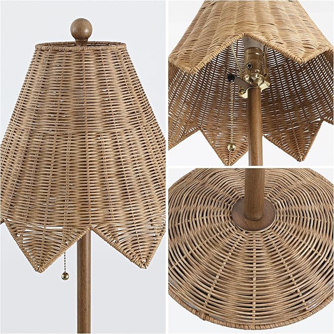 JONATHAN Y JYL5501A Tybee 60.5" Traditional Coastal Rattan Scalloped LED Floor Lamp Minimalist, Shabby Chic, Classic, Cottage, Bedroom, Living Room, Entryway, Office, Dining Room, Natural Brown