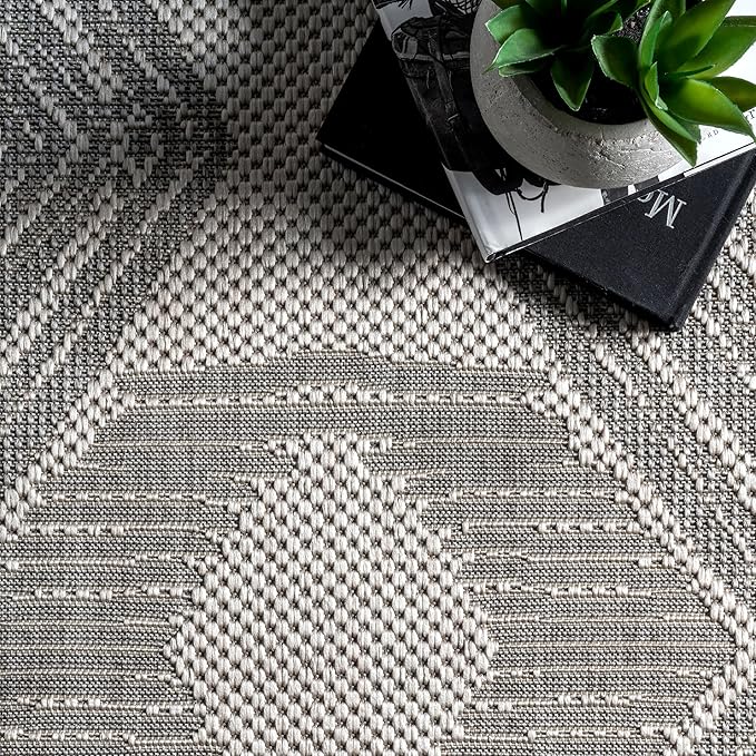 nuLOOM 2' x 10' Outdoor Tribal Geometric Area Rug, Stain Resistant, Weather Resistant, High Traffic, Patio, Balcony, Outside, Ranya Light Grey