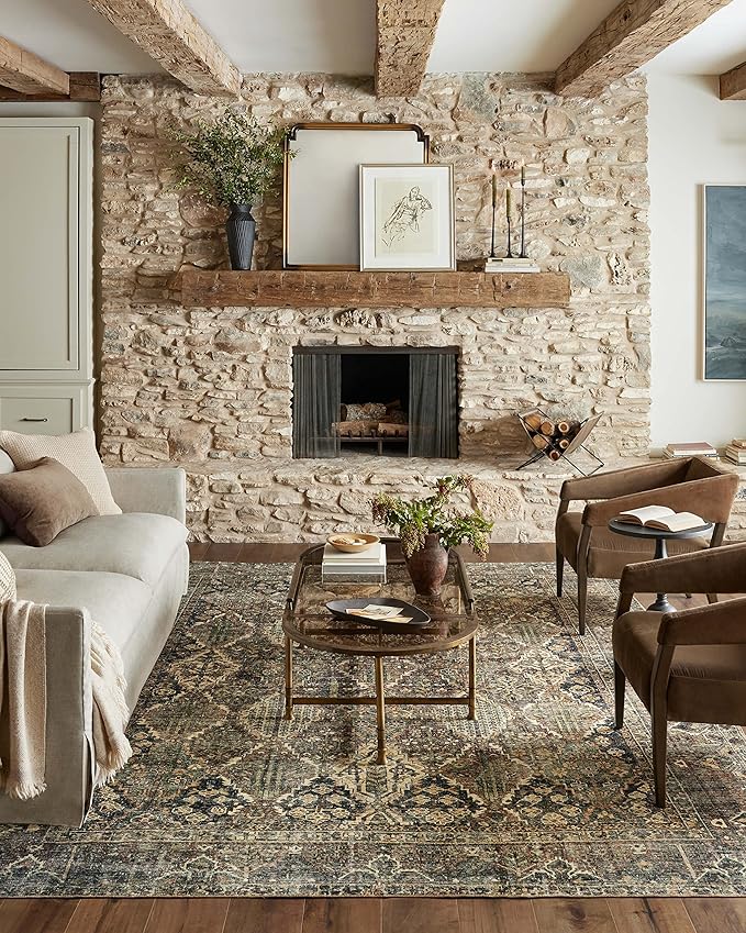 Loloi Magnolia Home by Joanna Gaines Banks Collection BAN-05 Spice/Blue 3'-6" x 5'-6" .13" Pile Height, Machine Washable, Accent Rug