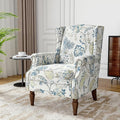 Floral Wingback Accent Chair, High Back Upholstered Armchair, Comfy Fabric Wingback Arms Chairs with Retro Solid Wood Legs, Single Sofa Reading Chair for Bedroom Living Room, Plants Blue