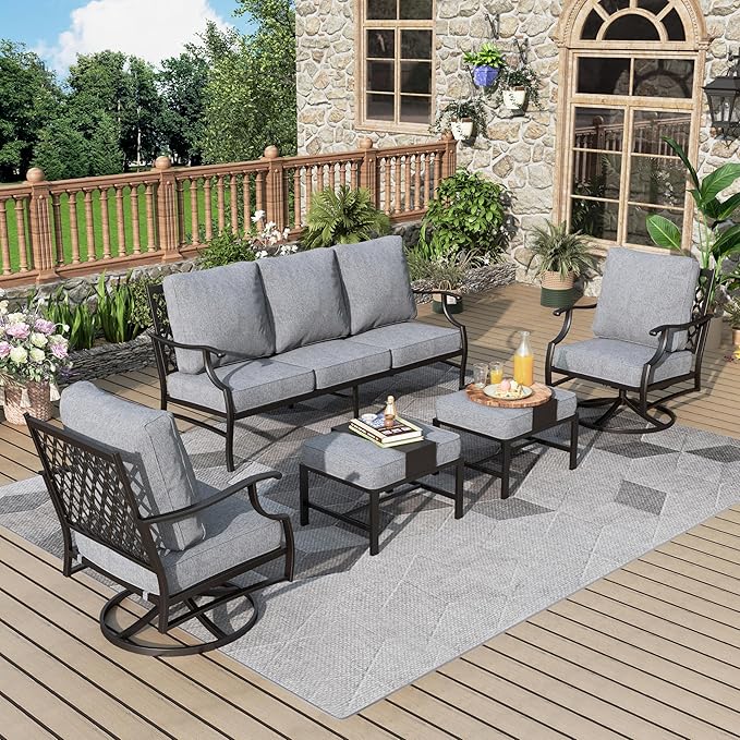 Patio Furniture Set 5 pcs, Outdoor Patio Furniture, 3-Seat Sofa, 2 Swivel Chairs, 2 Ottomans and 5.75" Extra Thick Cushion, Patio Conversation Set for Garden Backyard Deck,Grey