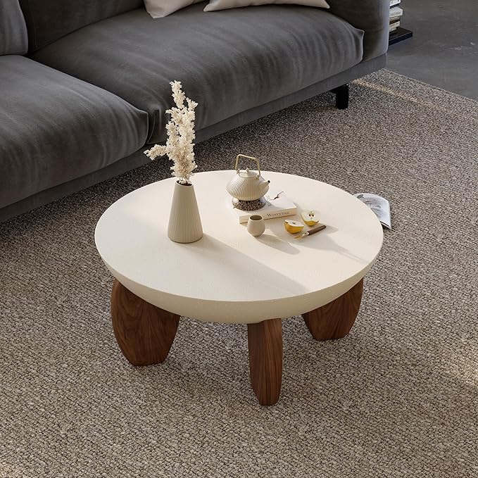 homary Round Concrete Coffee Table with Premium Walnut Ash Wood Legs, Modern Minimalist Cement Finish Center Table for Living Room