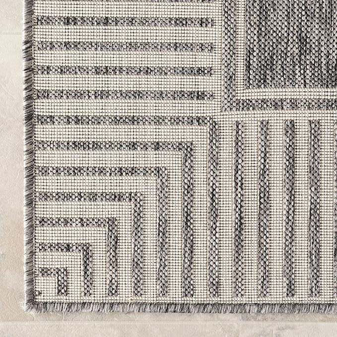 nuLOOM 8' x 10' Outdoor Area Rug, Casual Design with Striped Border, Stain Resistant, Highly Durable, for Patio, Balcony, Bedroom, Living Room, Dining Room, Bathroom, Steel