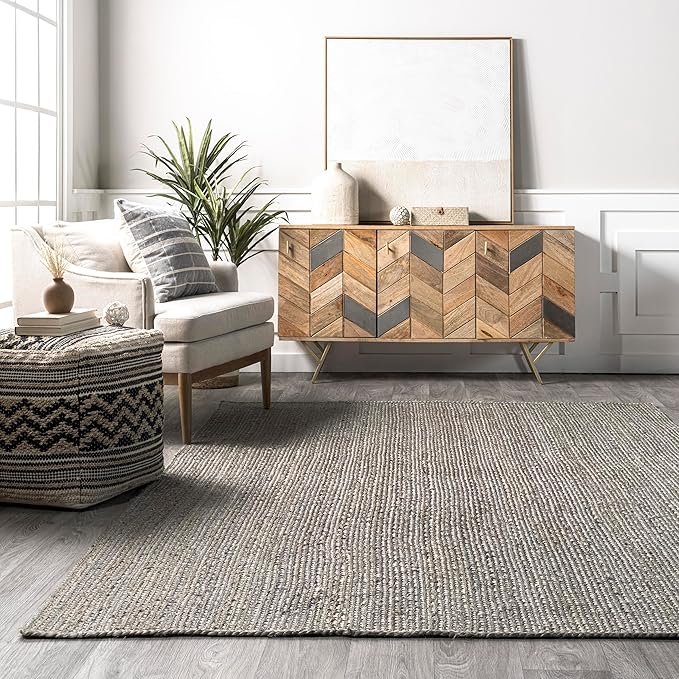 nuLOOM 5x8 Rigo Jute Hand Woven Area Rug, Grey, Solid Farmhouse Design, Natural Fiber, For Bedroom, Living Room, Dining Room, Hallway, Office, Kitchen, Entryway