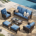 HERA'S HOUSE High Back Patio Furniture Set with Swivel Chairs, All Weather Outdoor Wicker Sofa Set, 6 Pieces Patio Conversation Sets with 5.5" Comfy Cushions for Lawn Deck Backyard, Navy Blue
